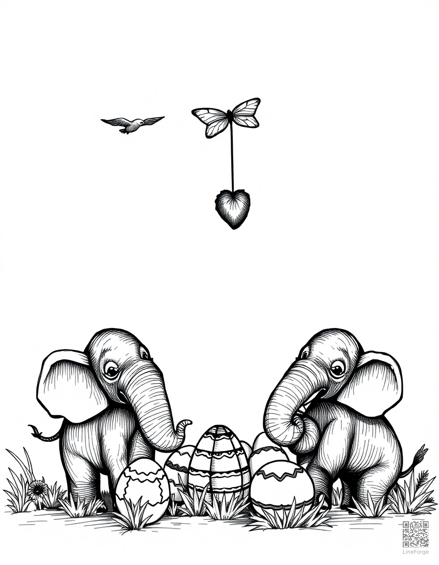 Free letter e decorated with elephants and eggs coloring page in crosshatch style — printable line art