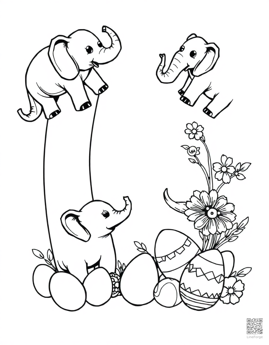 Free letter e decorated with elephants and eggs coloring page in manga style — printable line art