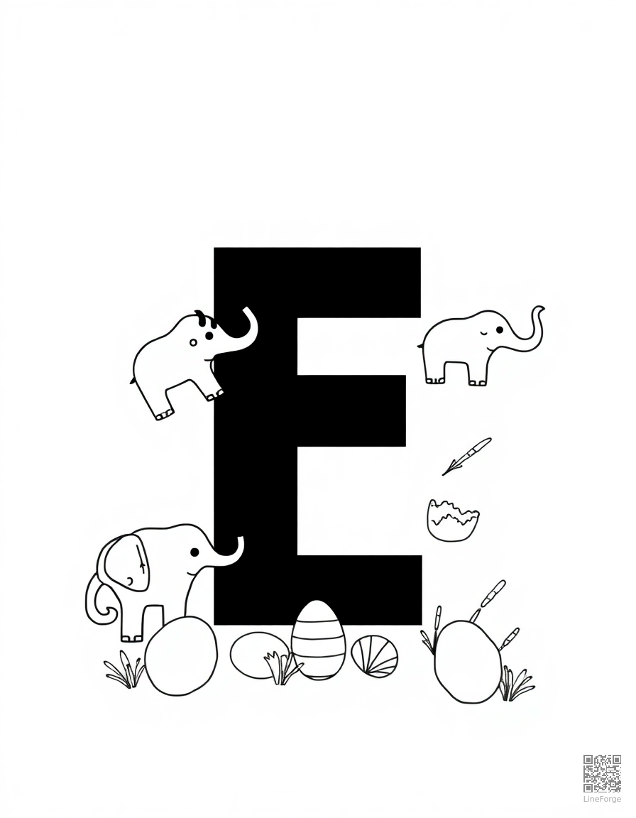 Free letter e decorated with elephants and eggs coloring page in minimal style — printable line art