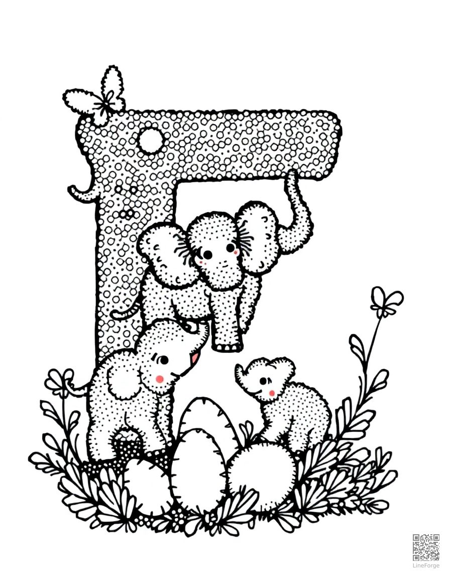 Free letter e decorated with elephants and eggs coloring page in stipple style — printable line art