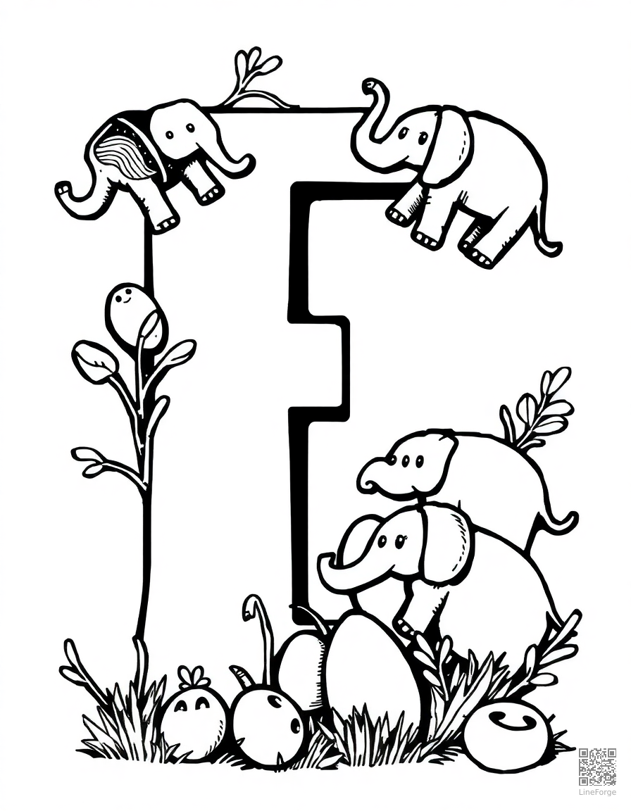 Free letter e decorated with elephants and eggs coloring page in woodcut style — printable line art