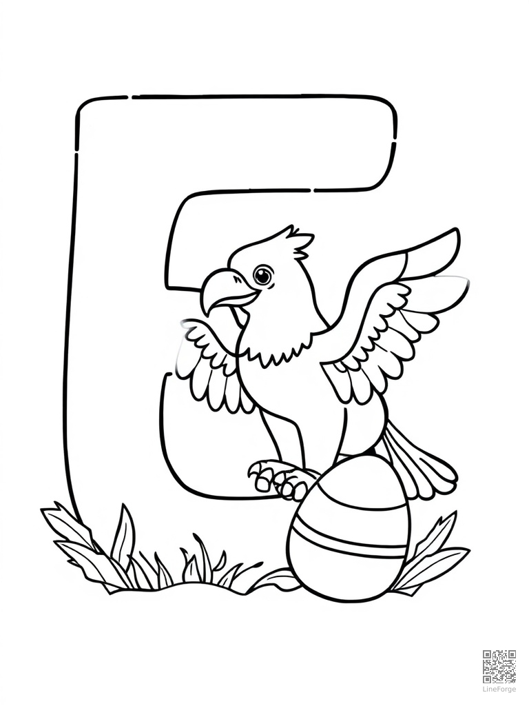 Free letter e with elephant eagle and egg coloring page in contour style — printable line art