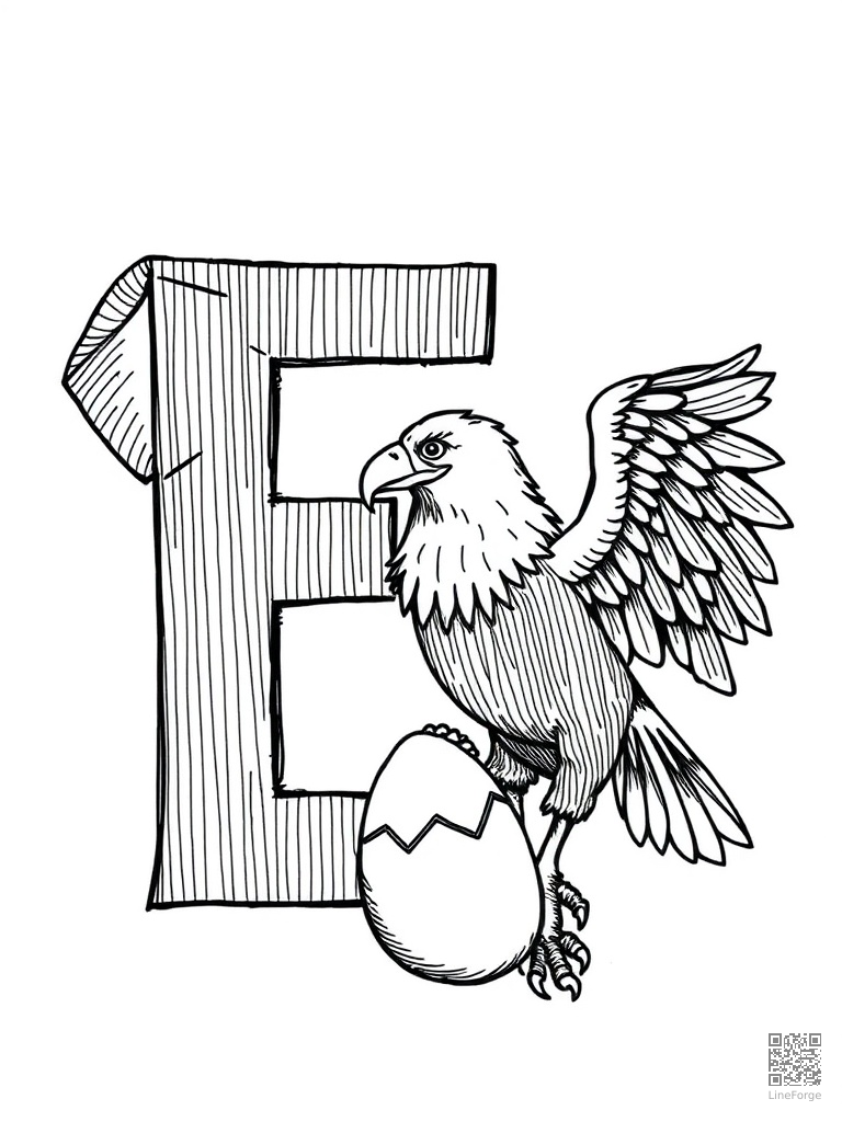 Letter E with elephant eagle and egg coloring page Crosshatch style - free printable