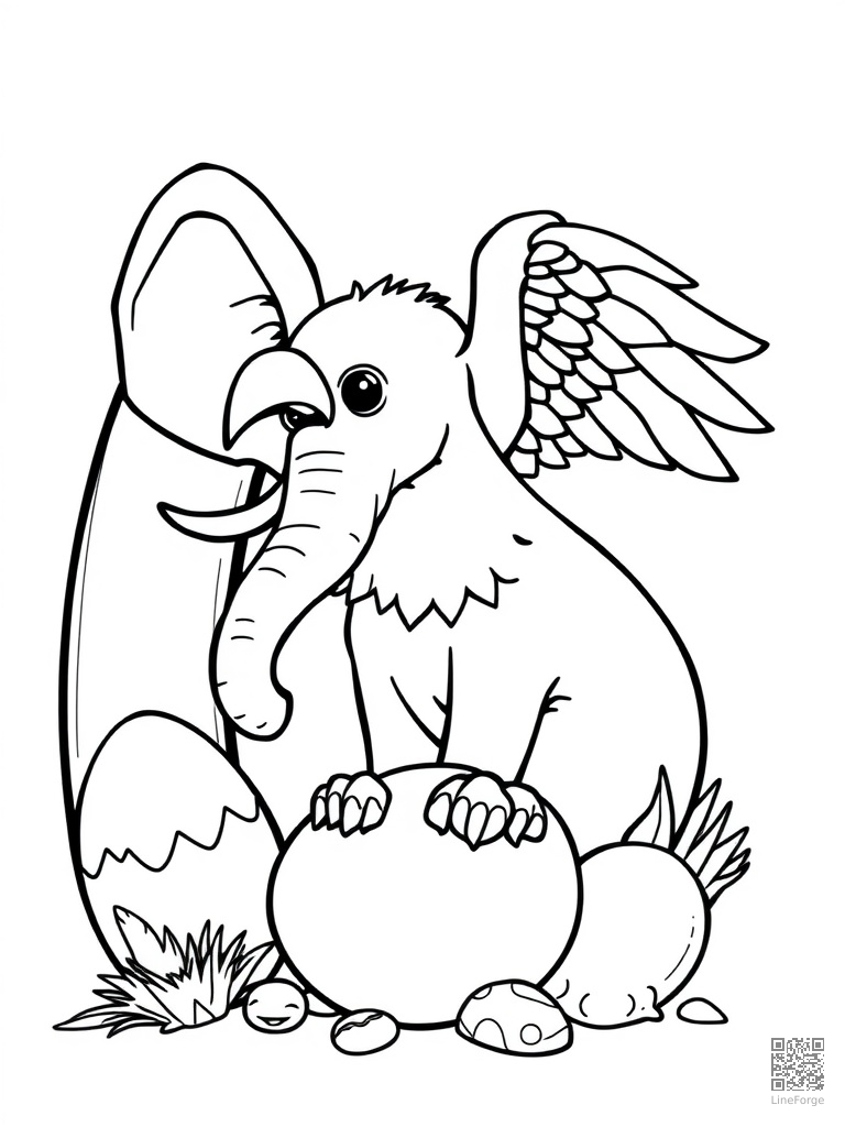 Letter E with elephant eagle and egg coloring page Manga style - free printable