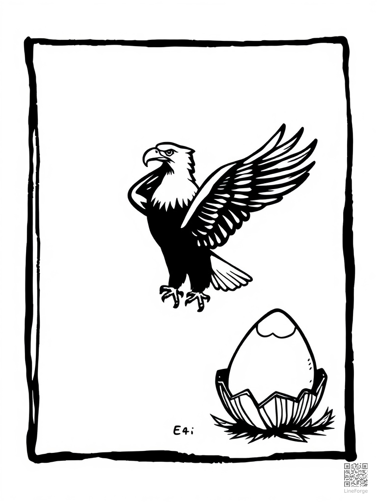 Letter E with elephant eagle and egg coloring page Woodcut style - free printable