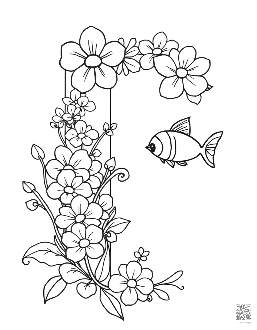 letter F decorated with flowers and fish coloring page Contour style - free printable