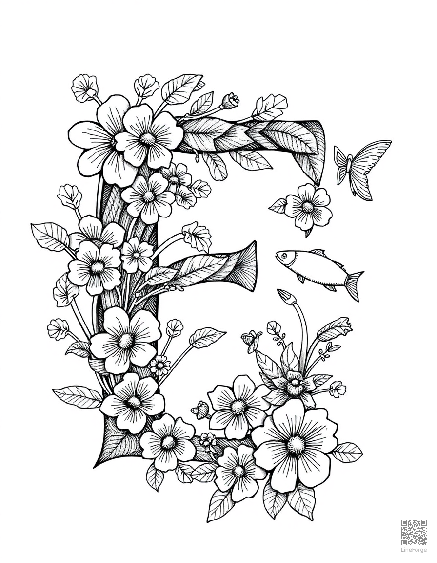 letter F decorated with flowers and fish coloring page Crosshatch style - free printable
