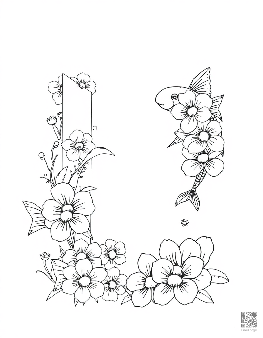 letter F decorated with flowers and fish coloring page Manga style - free printable