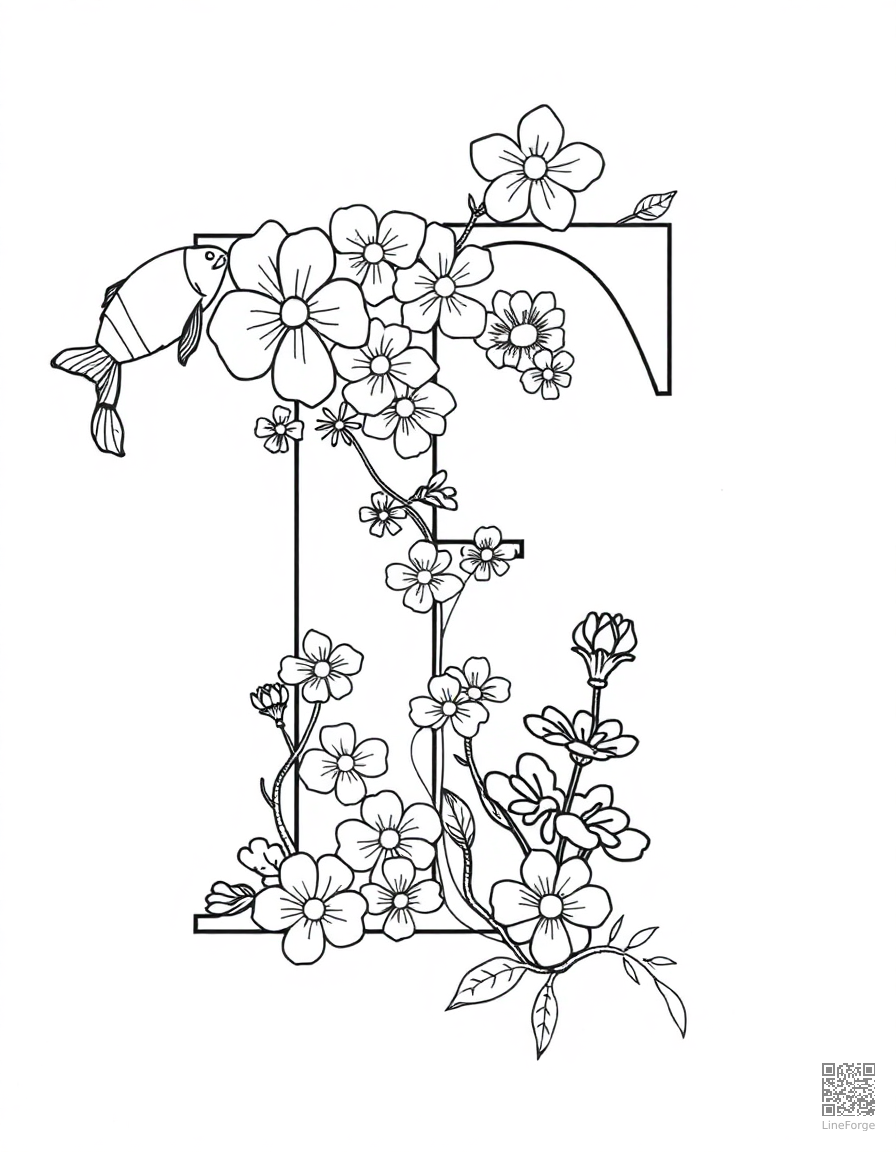 letter F decorated with flowers and fish coloring page Minimal style - free printable