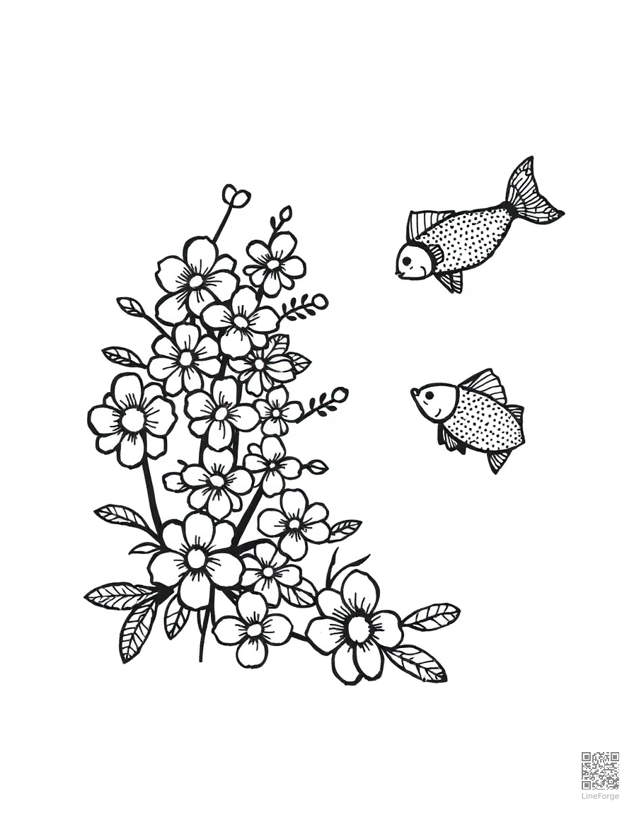 letter F decorated with flowers and fish coloring page Stipple style - free printable