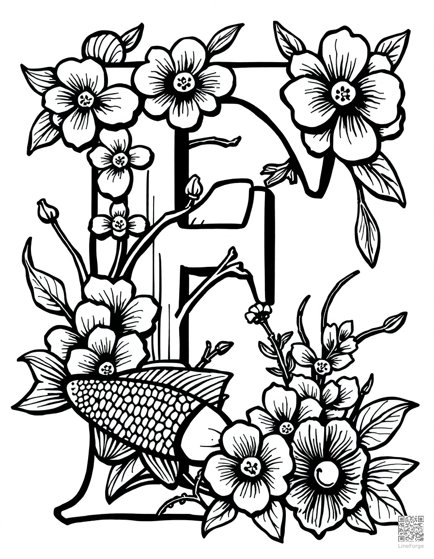letter F decorated with flowers and fish coloring page Woodcut style - free printable