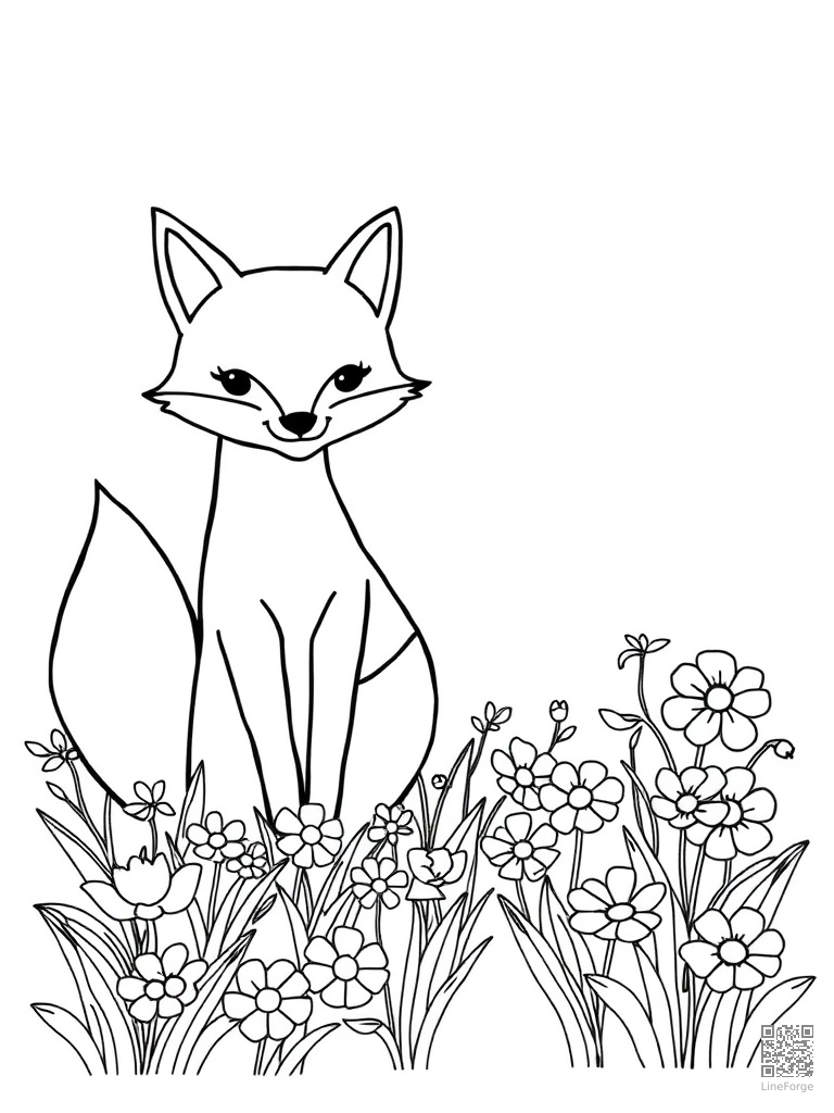 Letter F with fox frog and field of flowers coloring page Contour style - free printable