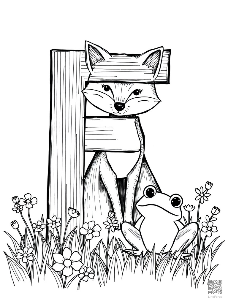 Letter F with fox frog and field of flowers coloring page Crosshatch style - free printable