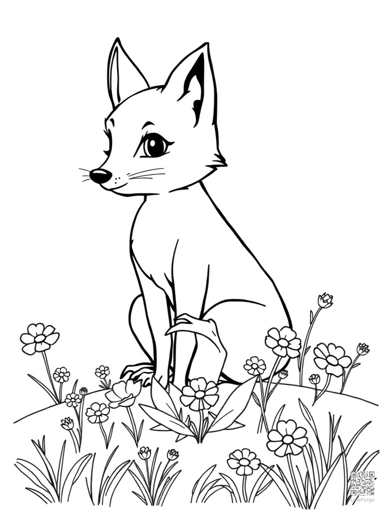Letter F with fox frog and field of flowers coloring page Manga style - free printable