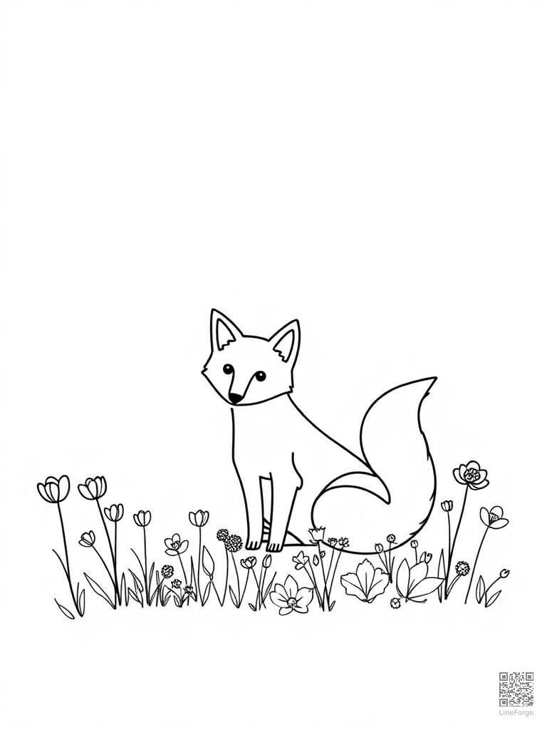 Letter F with fox frog and field of flowers coloring page Minimal style - free printable