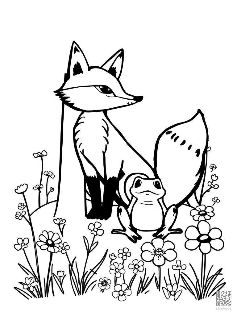 Letter F with fox frog and field of flowers coloring page Woodcut style - free printable