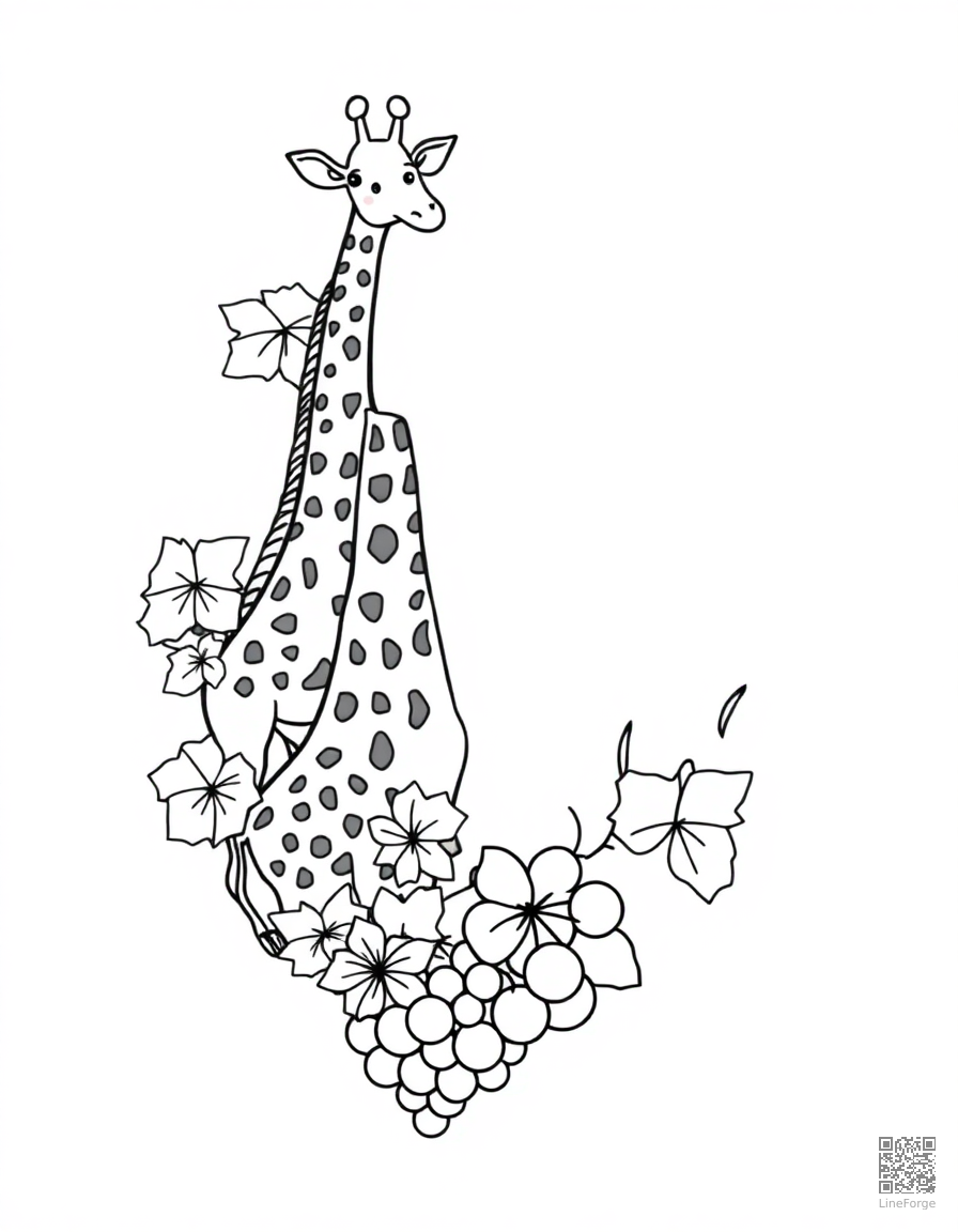 letter G decorated with giraffes and grapes coloring page Contour style - free printable