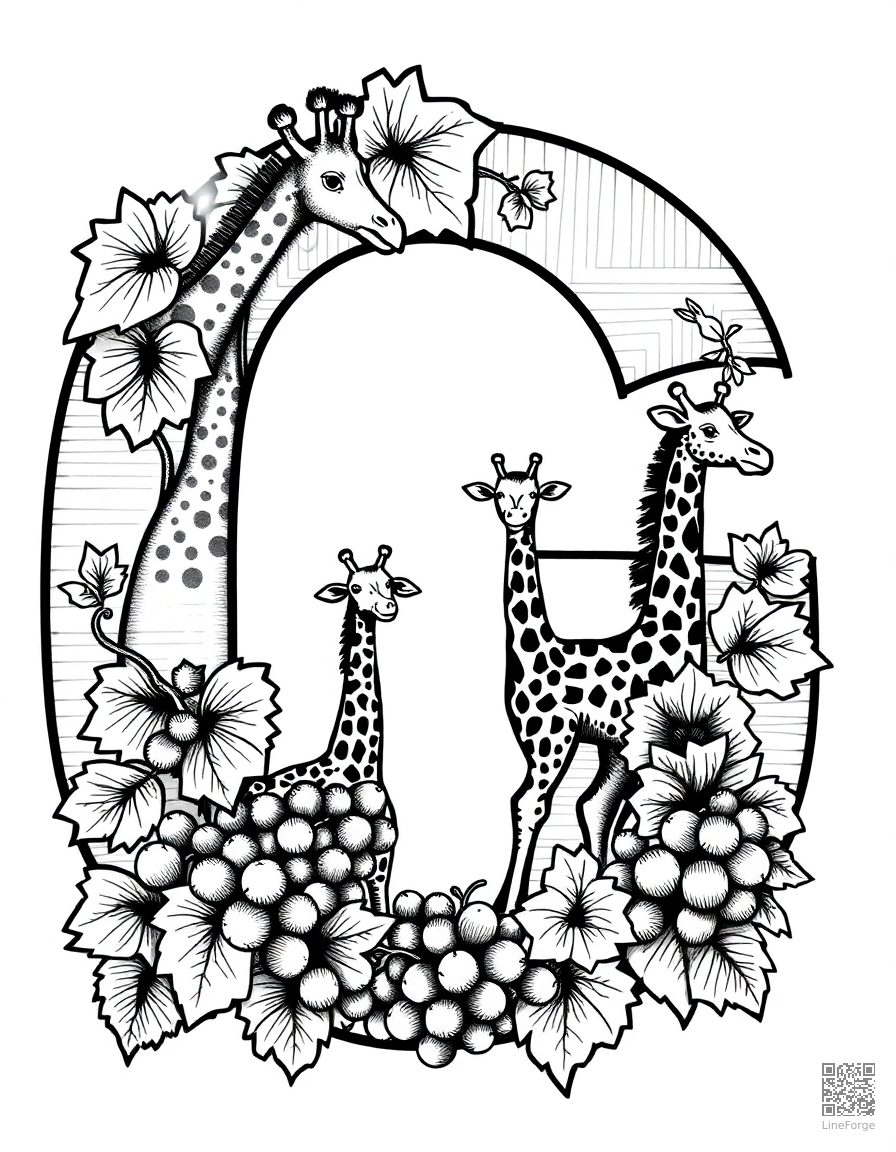 letter G decorated with giraffes and grapes coloring page Crosshatch style - free printable