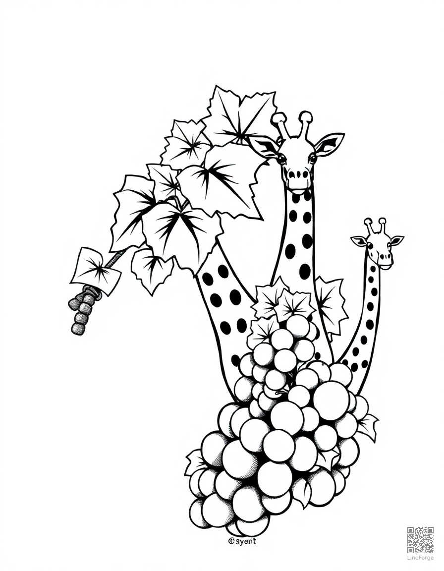 letter G decorated with giraffes and grapes coloring page Manga style - free printable