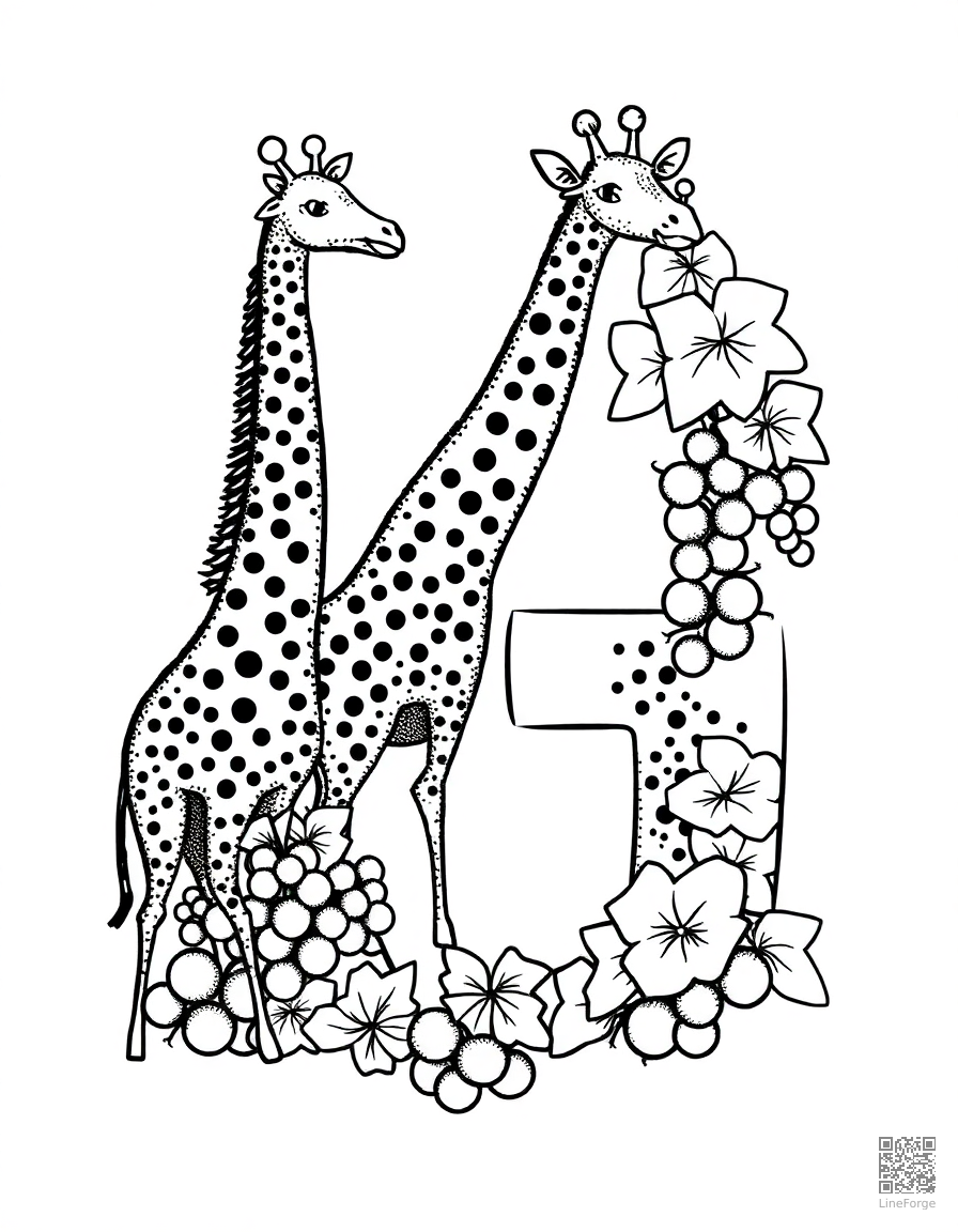 letter G decorated with giraffes and grapes coloring page Stipple style - free printable