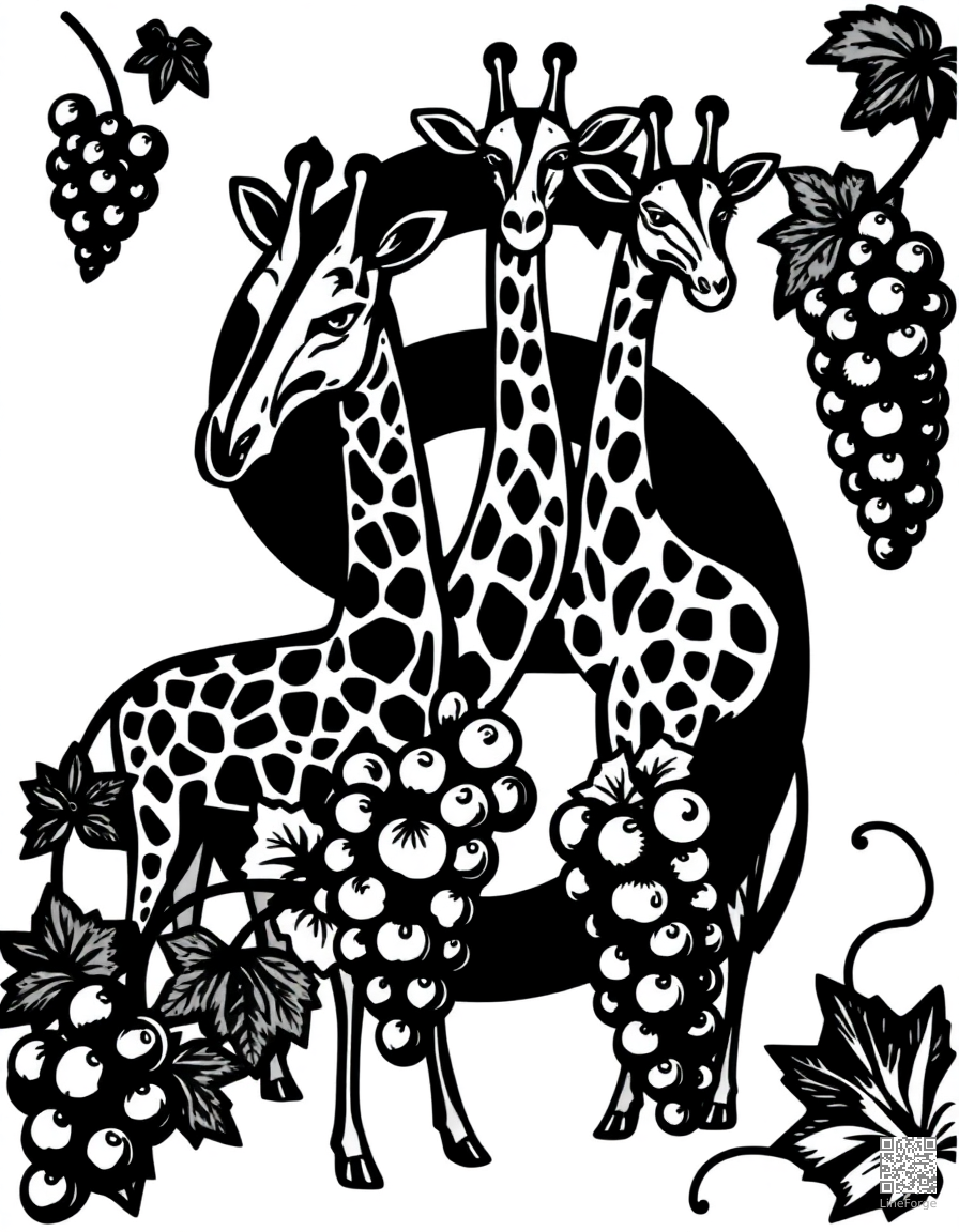 letter G decorated with giraffes and grapes coloring page Woodcut style - free printable