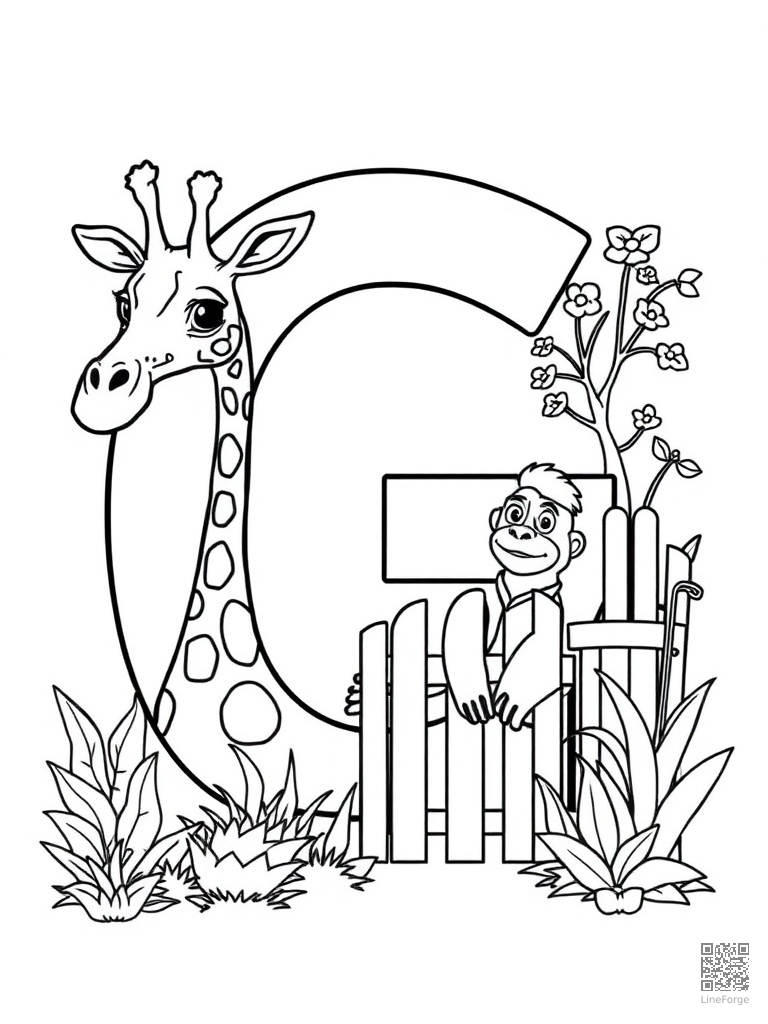 Letter G with giraffe gorilla and garden gate coloring page Contour style - free printable
