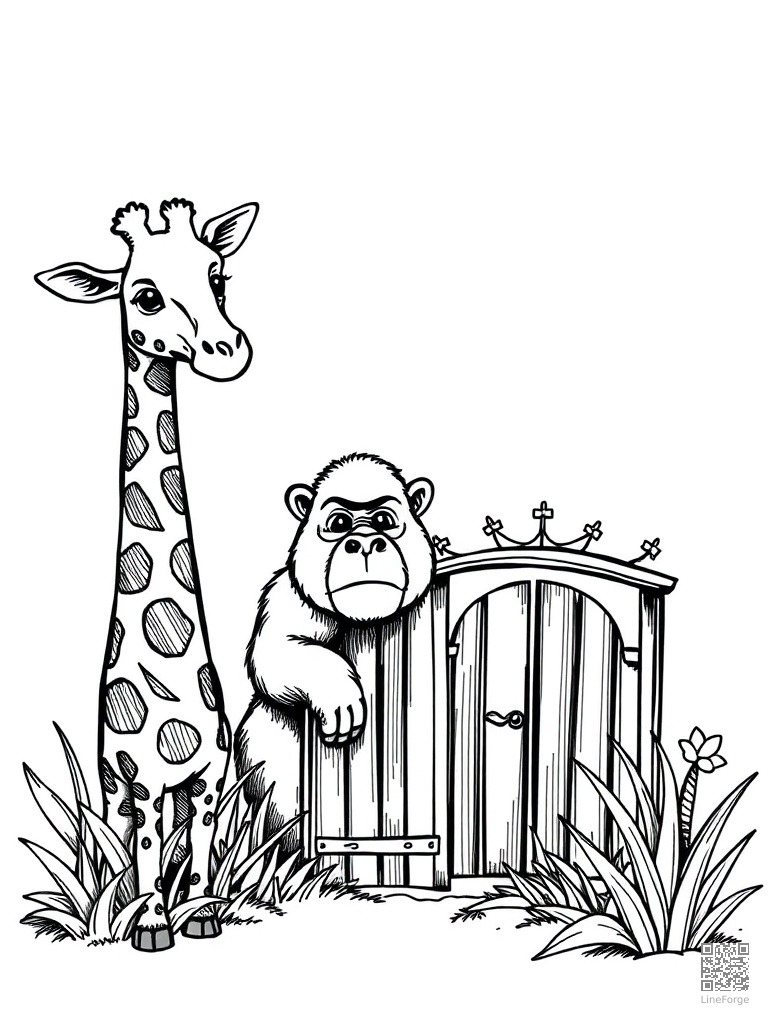 Letter G with giraffe gorilla and garden gate coloring page Crosshatch style - free printable