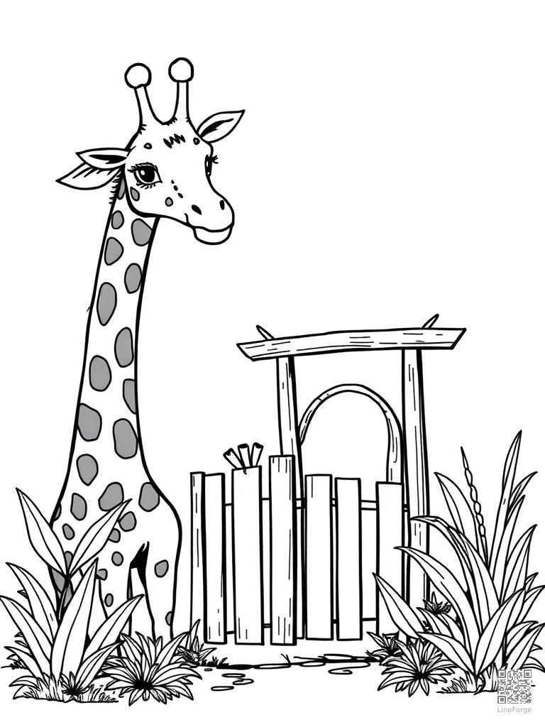 Letter G with giraffe gorilla and garden gate coloring page Manga style - free printable