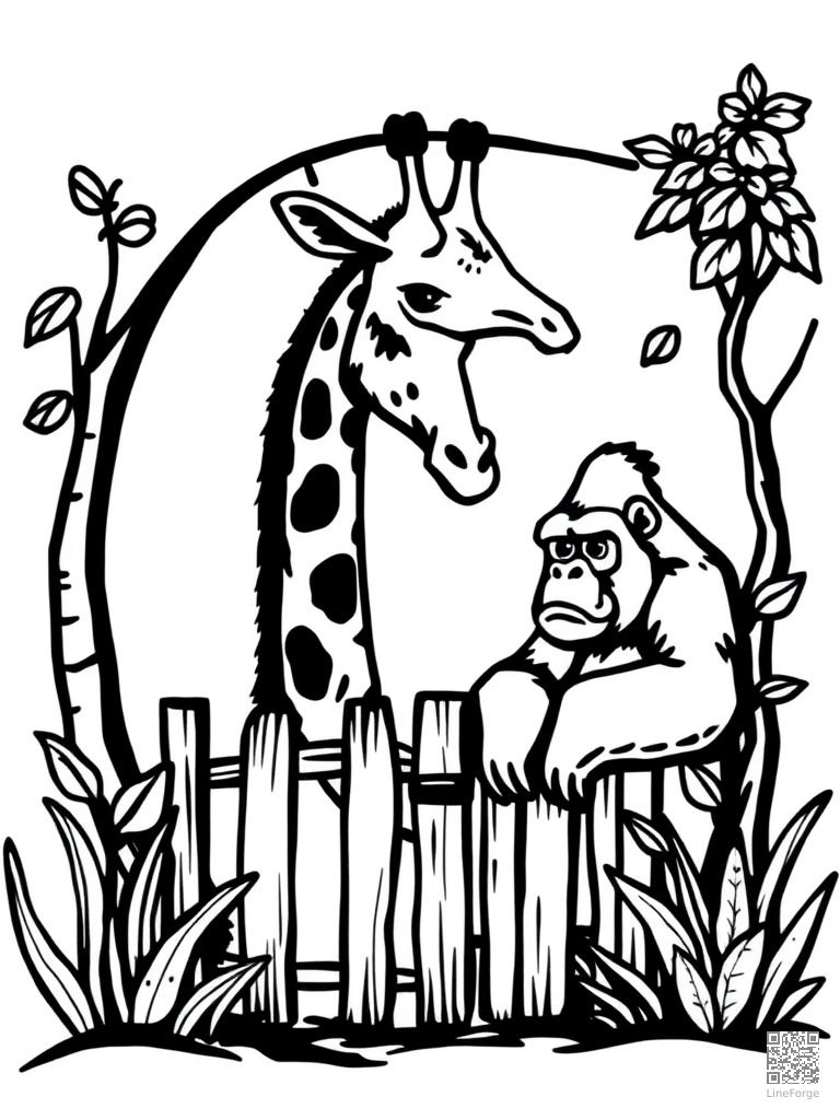 Letter G with giraffe gorilla and garden gate coloring page Woodcut style - free printable