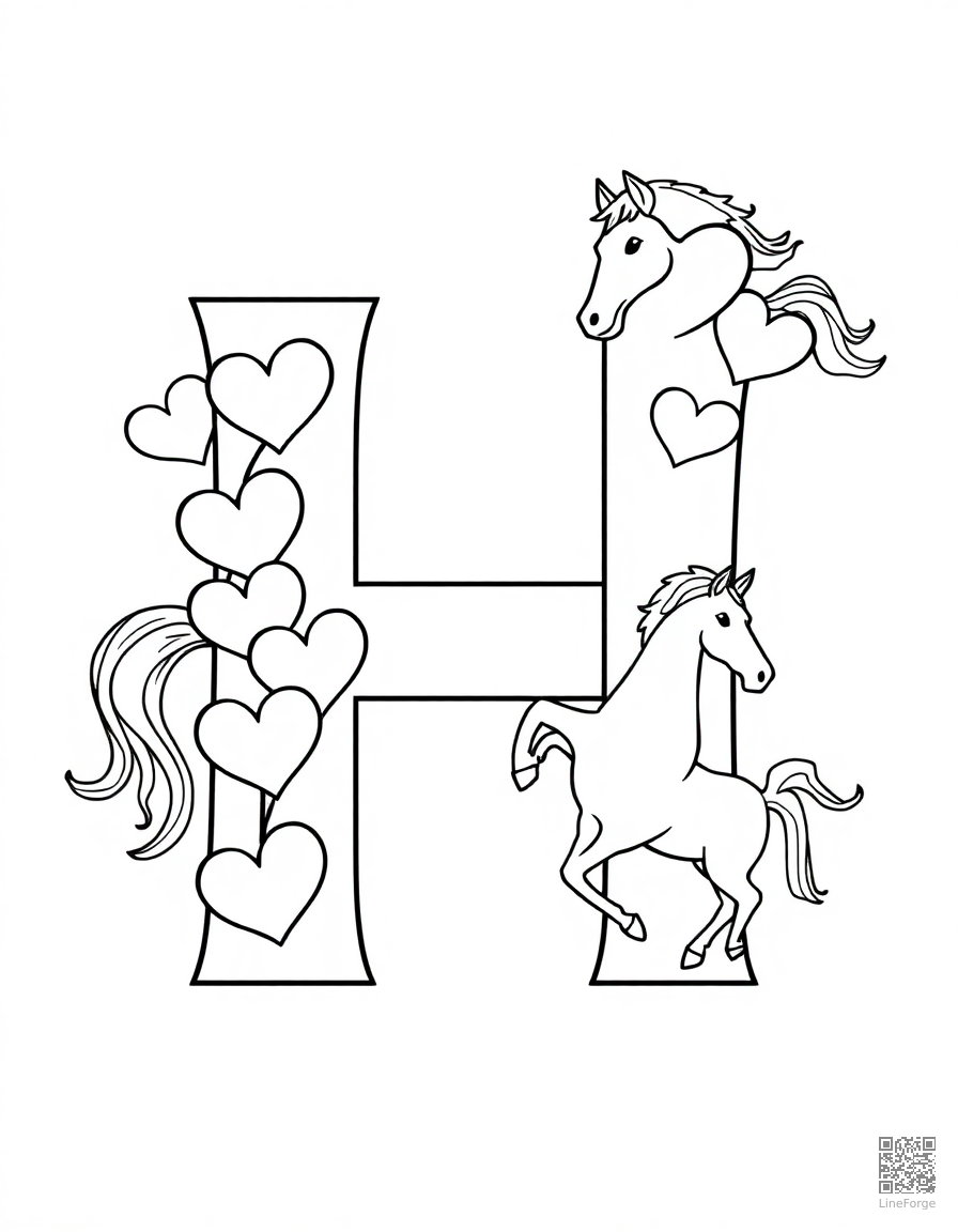 letter H decorated with hearts and horses coloring page Contour style - free printable