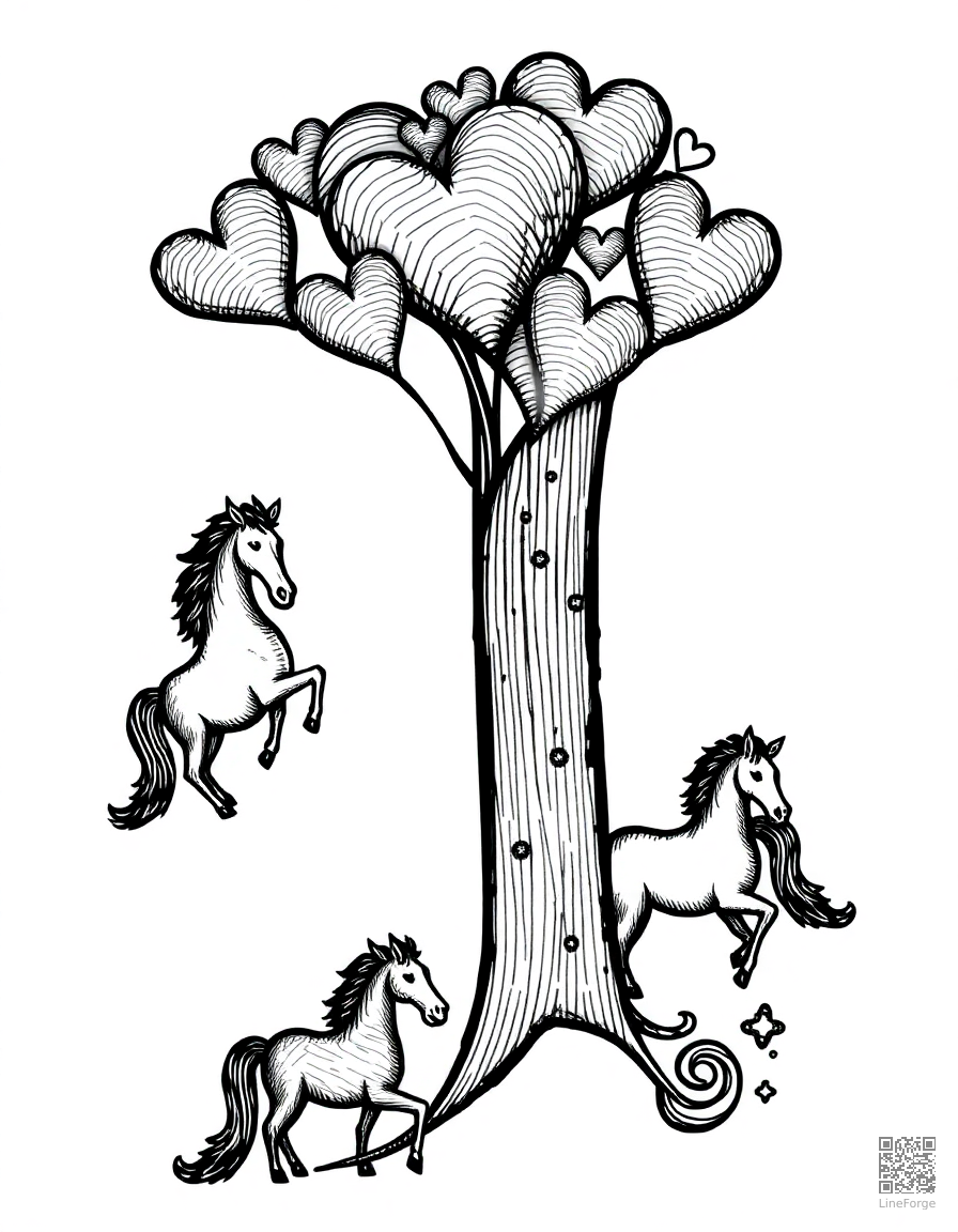 letter H decorated with hearts and horses coloring page Crosshatch style free printable