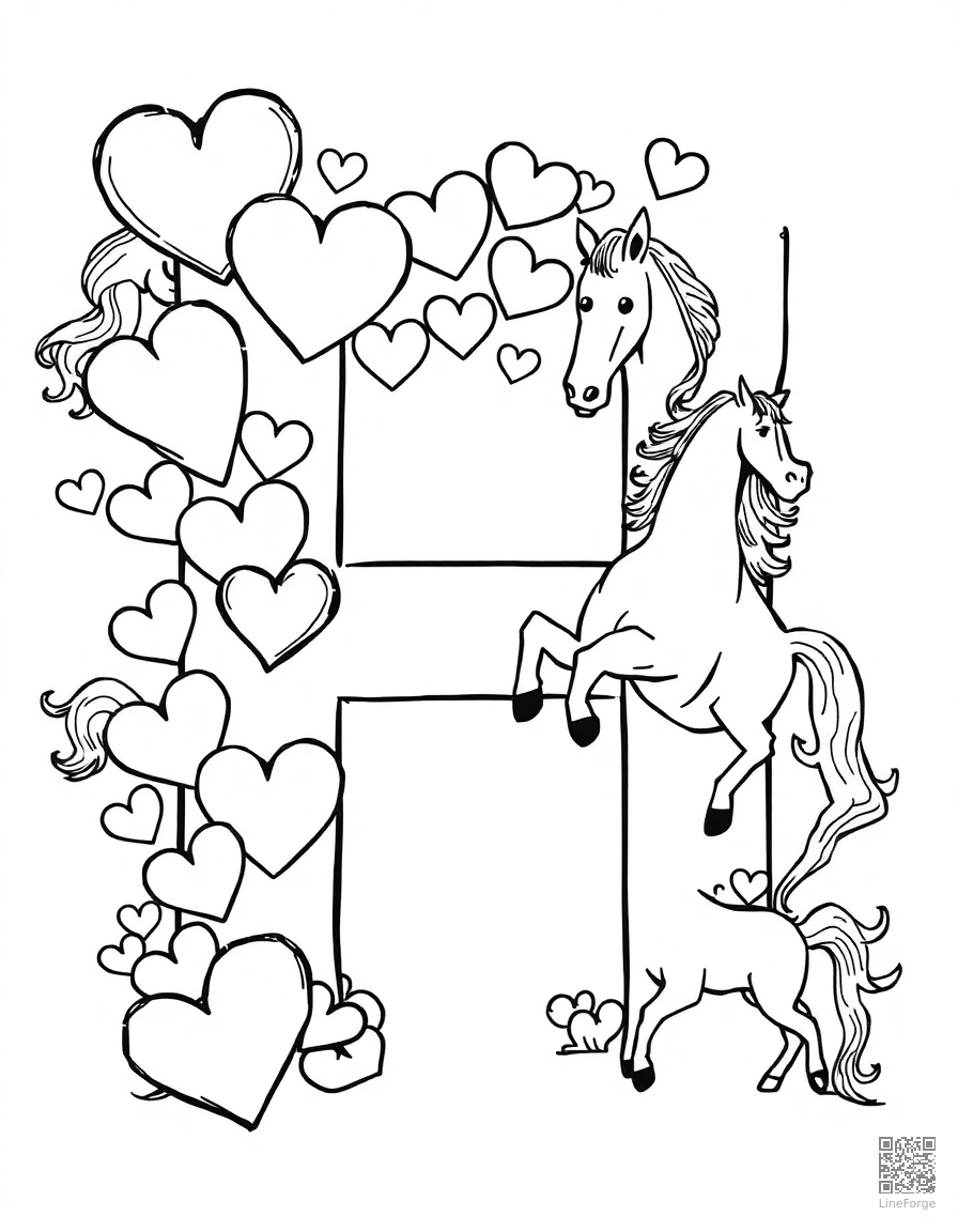 letter H decorated with hearts and horses coloring page Manga style free printable