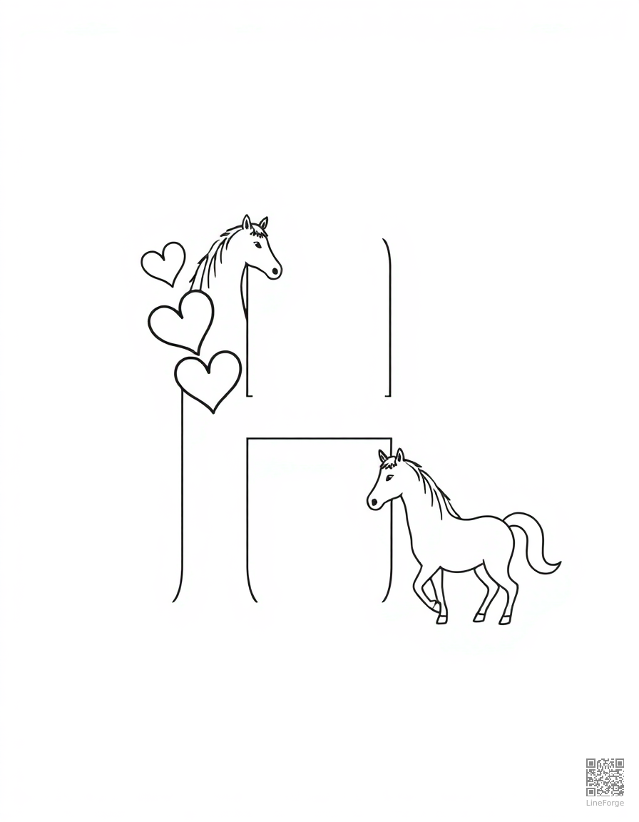 letter H decorated with hearts and horses coloring page Minimal style free printable