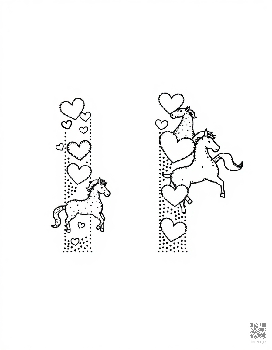 letter H decorated with hearts and horses coloring page Stipple style free printable