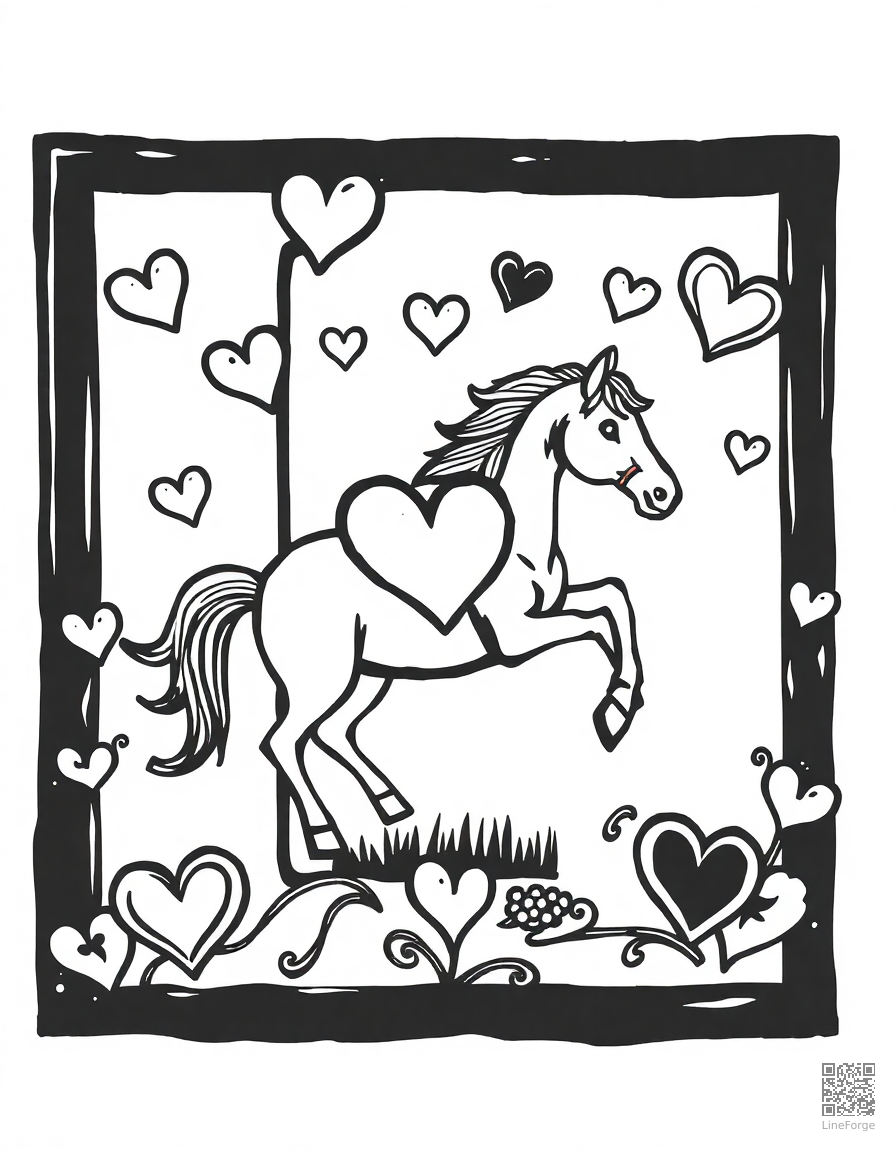 letter H decorated with hearts and horses coloring page Woodcut style free printable