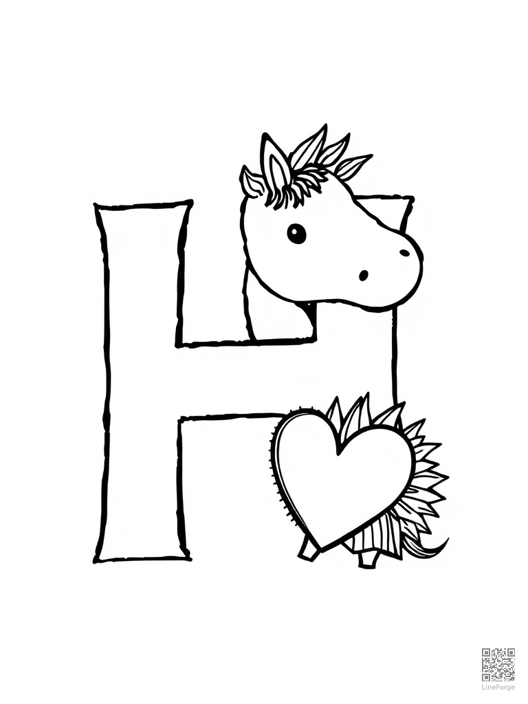 Letter H with horse hedgehog and heart coloring page Crosshatch style - free printable