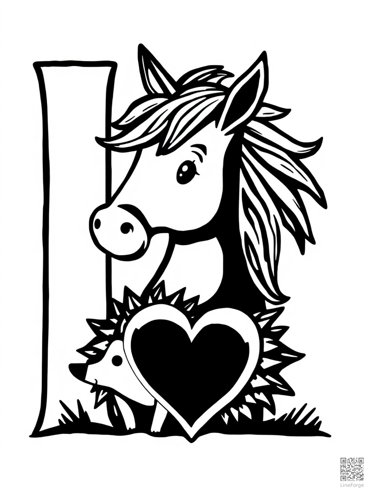 Letter H with horse hedgehog and heart coloring page Woodcut style - free printable