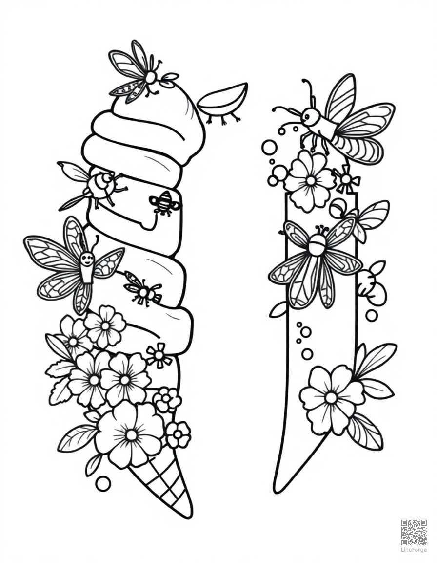 letter I decorated with ice cream and insects coloring page Contour style - free printable