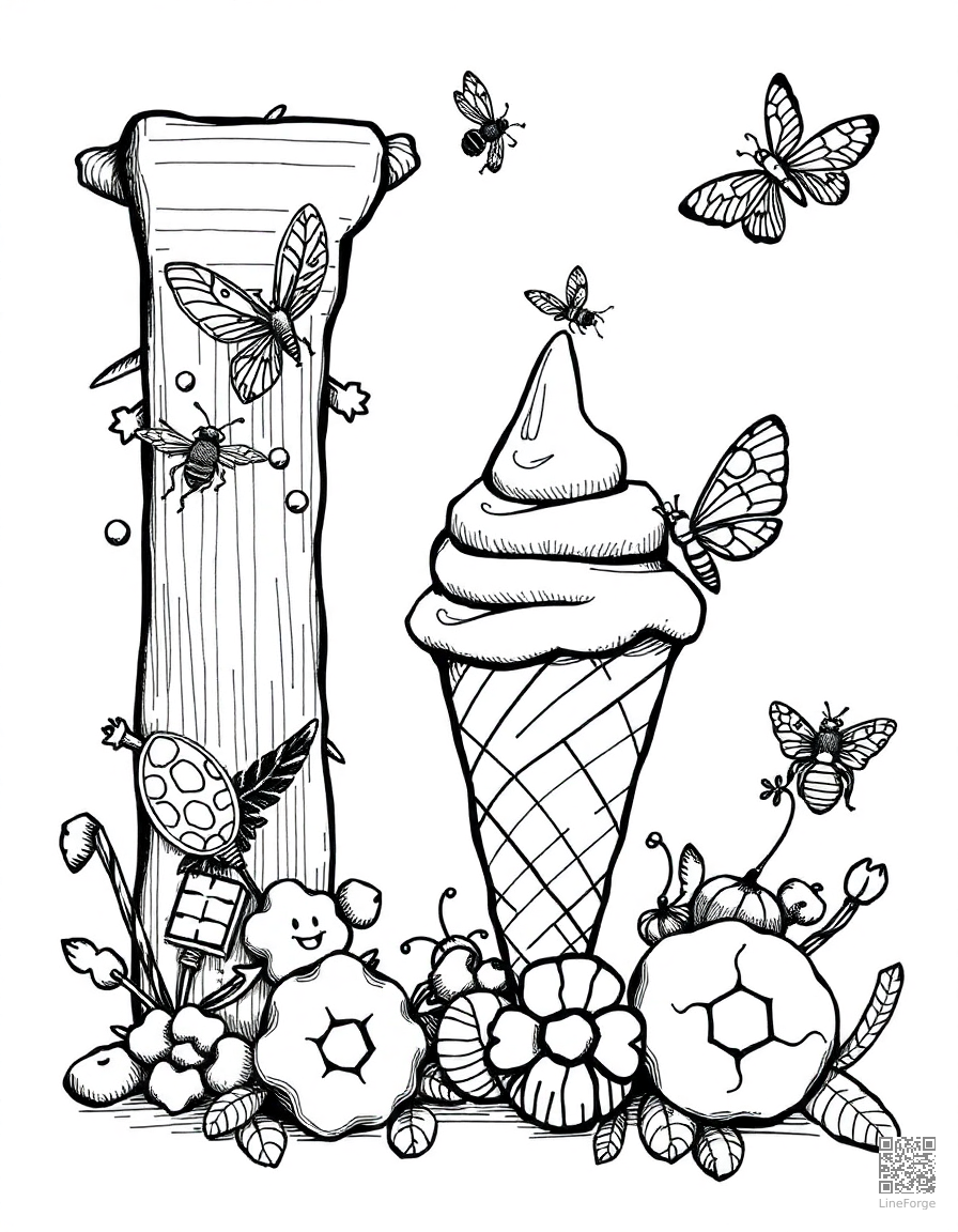 letter I decorated with ice cream and insects coloring page Crosshatch style - free printable