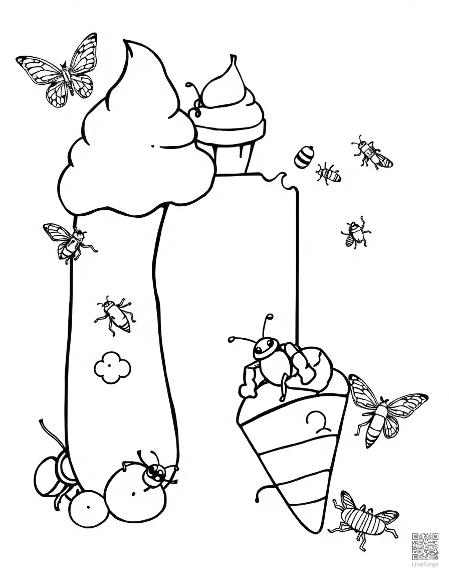 letter I decorated with ice cream and insects coloring page Manga style - free printable