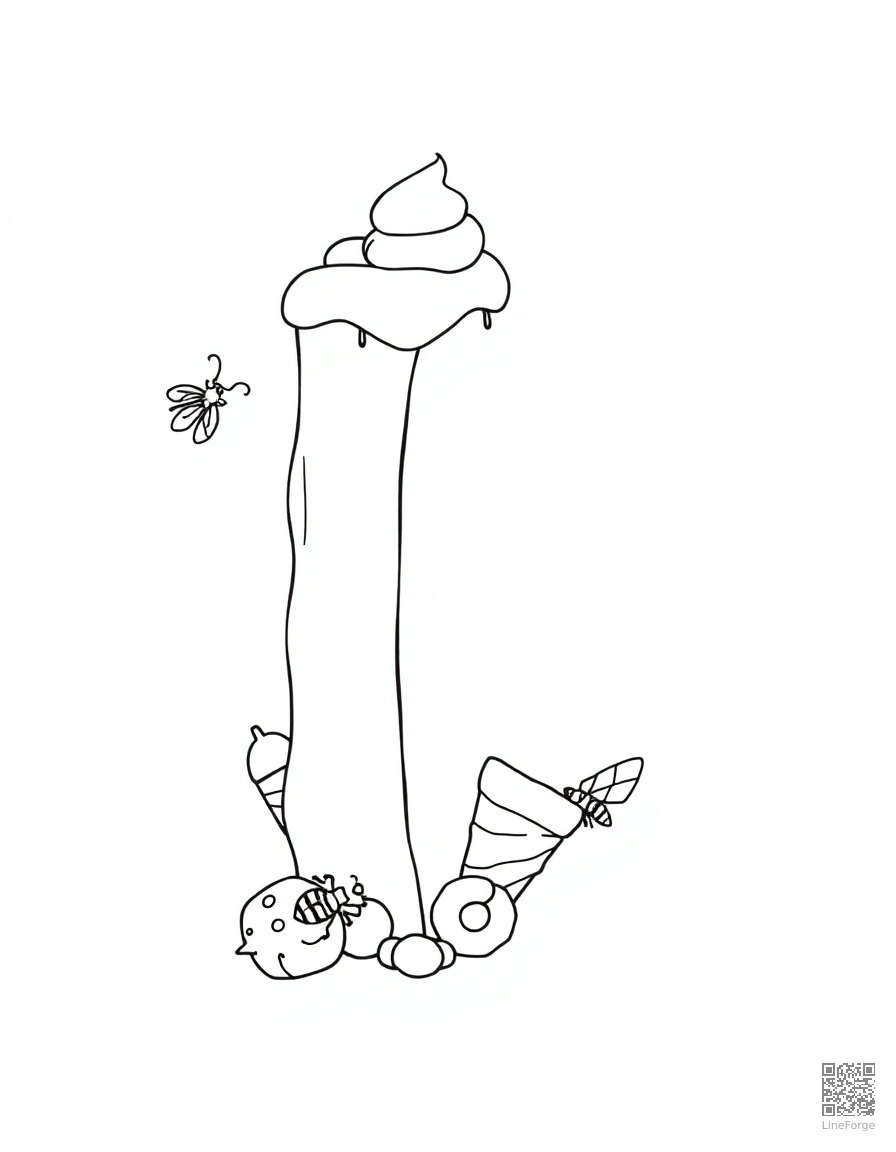 letter I decorated with ice cream and insects coloring page Minimal style - free printable