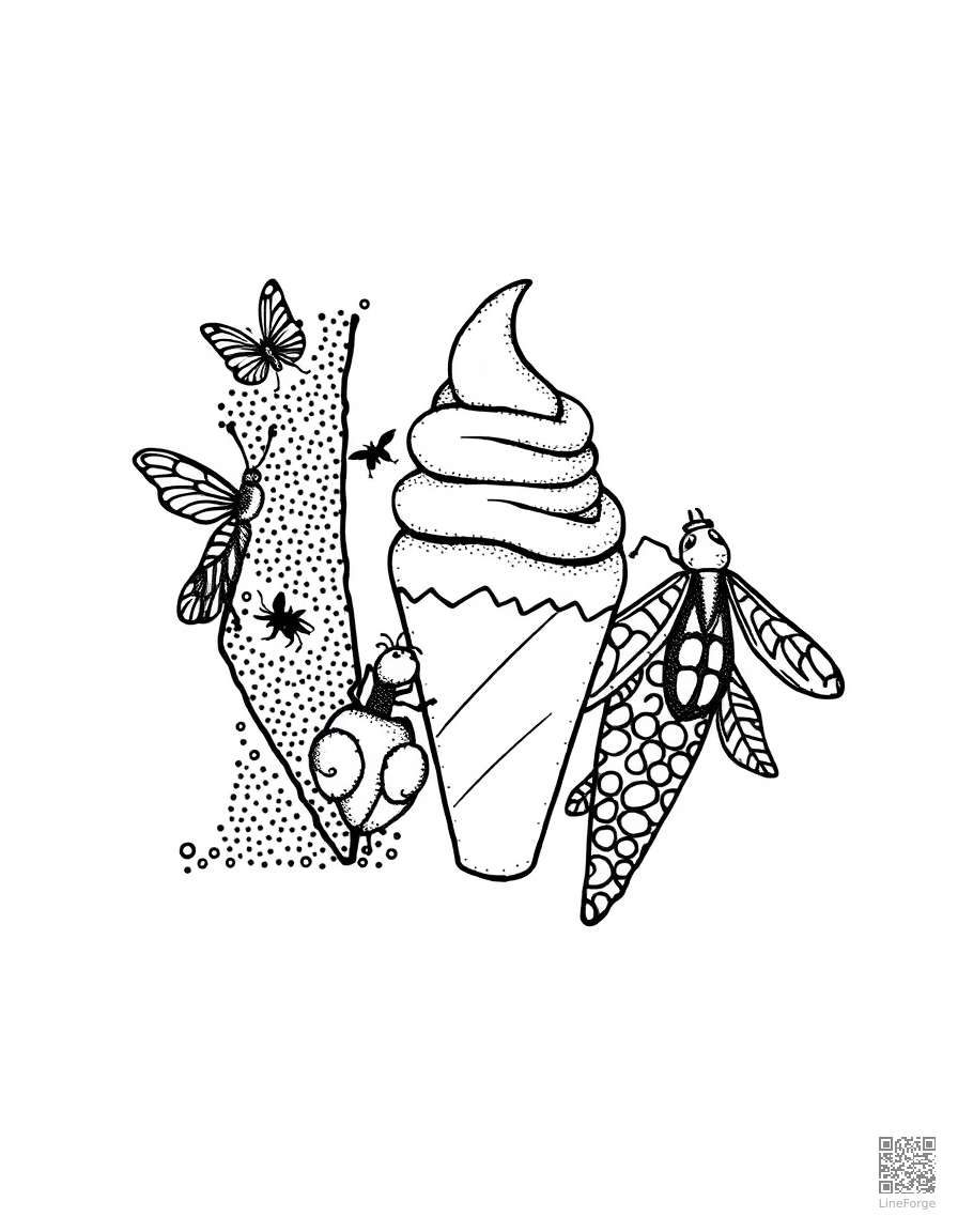 letter I decorated with ice cream and insects coloring page Stipple style - free printable