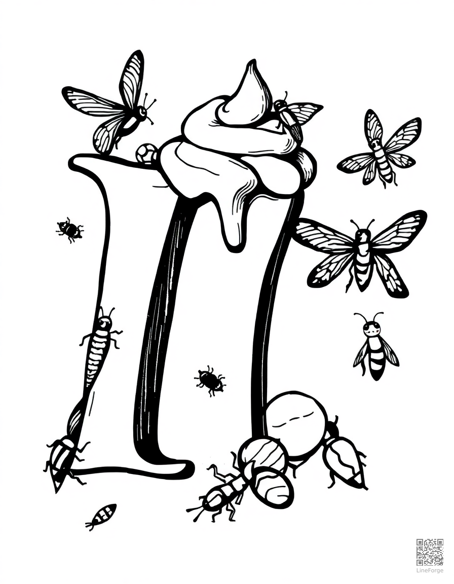 letter I decorated with ice cream and insects coloring page Woodcut style - free printable