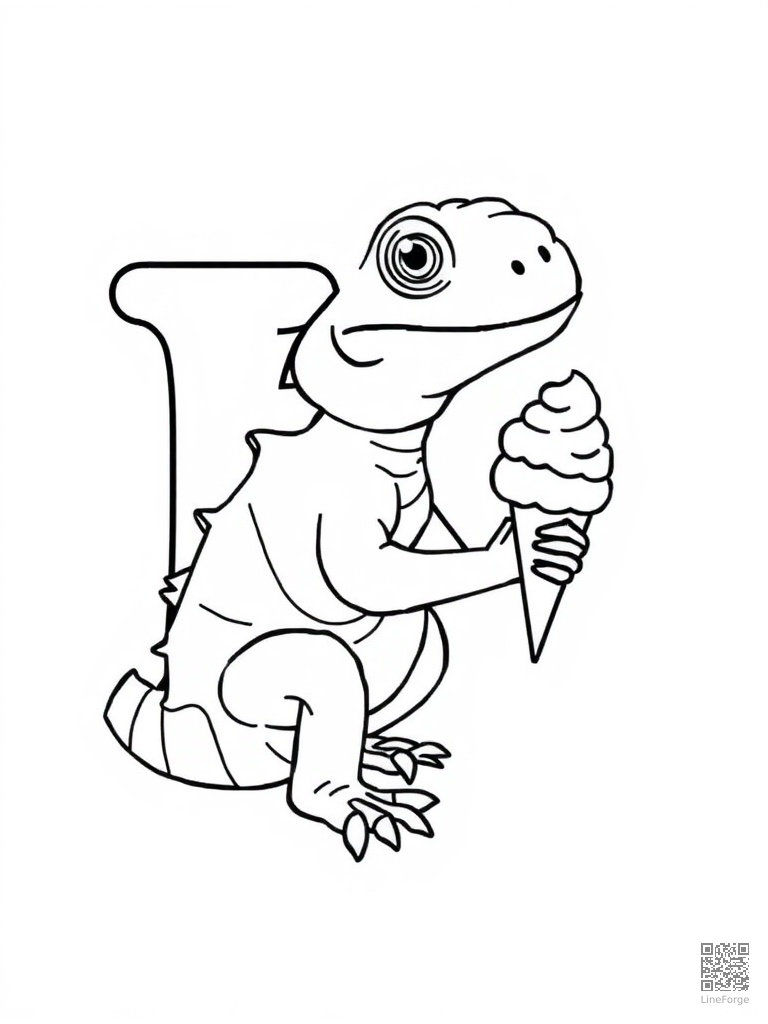 Letter I with igloo iguana and ice cream coloring page Contour style - free printable