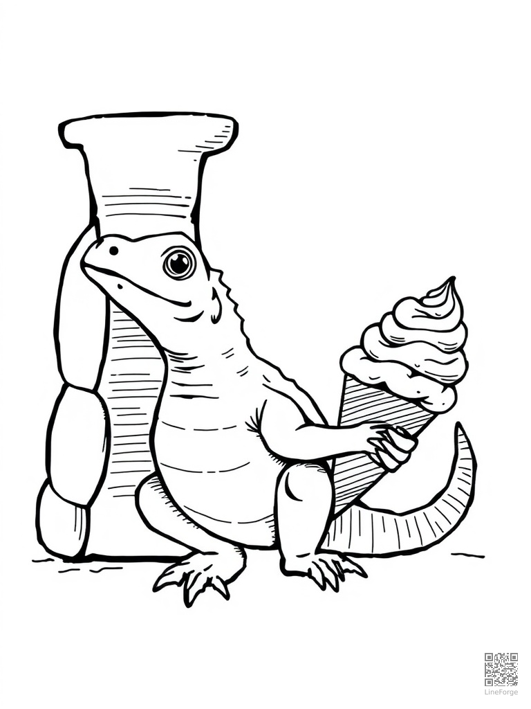 Letter I with igloo iguana and ice cream coloring page Crosshatch style - free printable