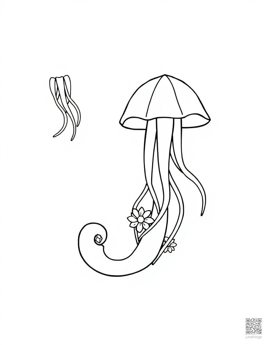 letter J decorated with jellyfish and jewels coloring page Contour style - free printable