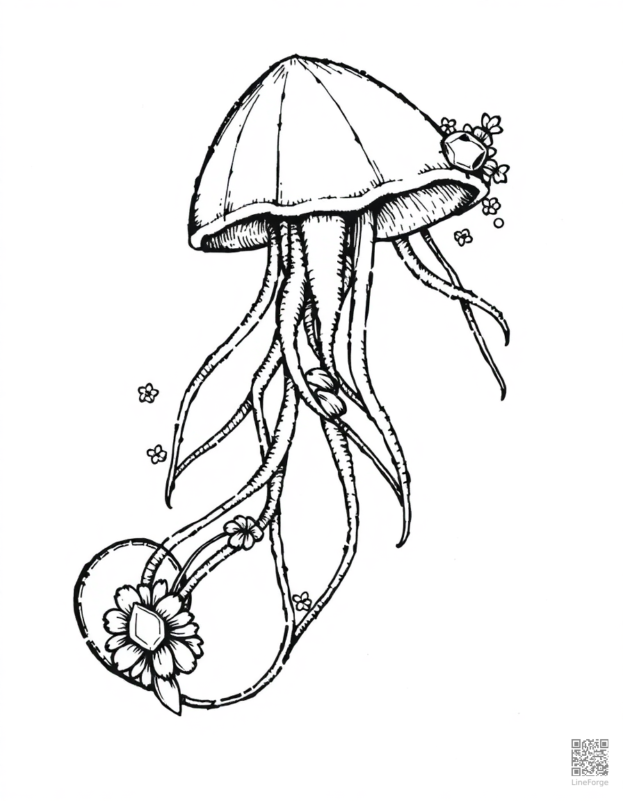 letter J decorated with jellyfish and jewels coloring page Crosshatch style - free printable