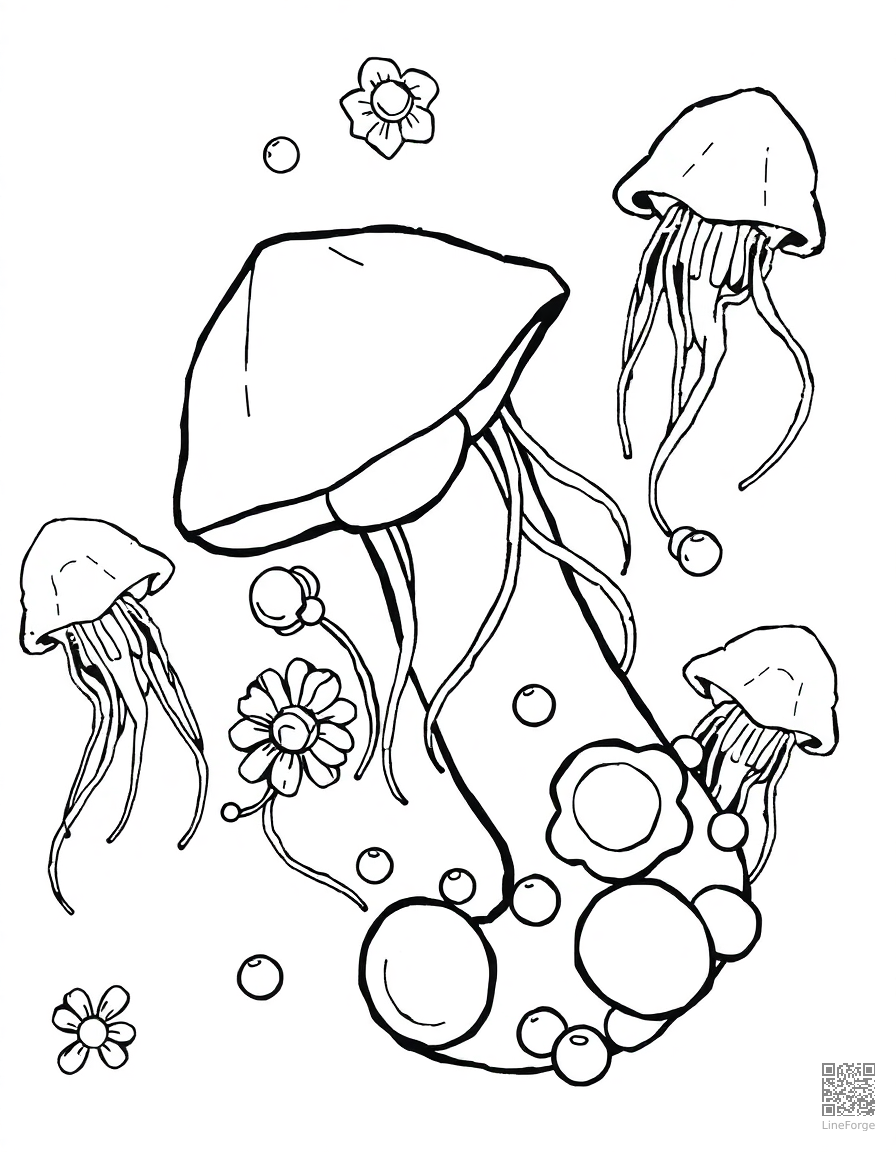 letter J decorated with jellyfish and jewels coloring page Manga style - free printable