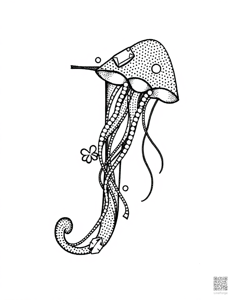 letter J decorated with jellyfish and jewels coloring page Stipple style - free printable