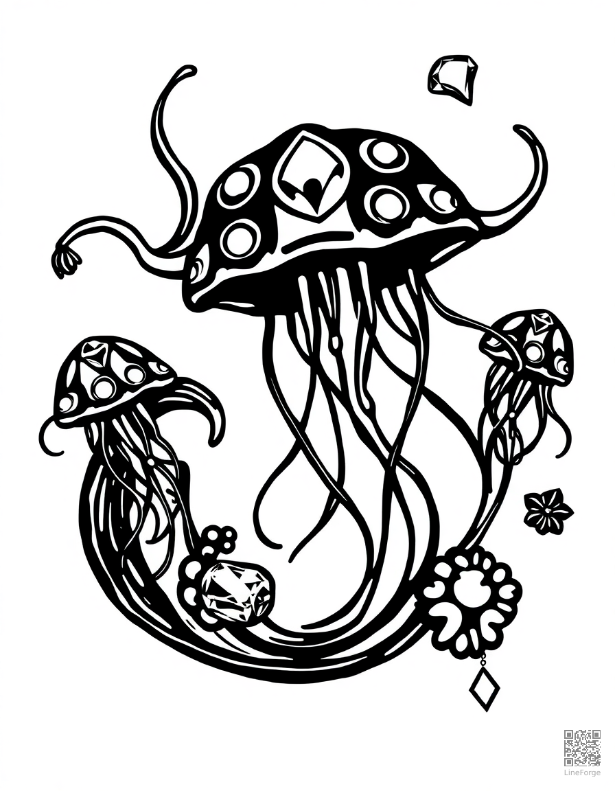 letter J decorated with jellyfish and jewels coloring page Woodcut style - free printable
